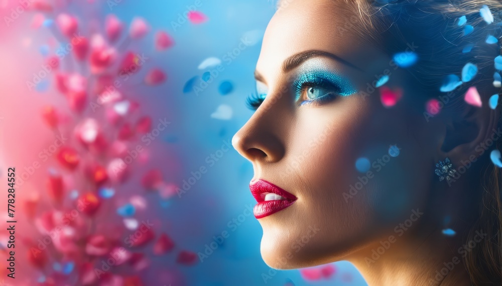   A stunning woman with bright blue eyes and red lips is surrounded by confetti, with a tree behind displaying pink and blue leaves