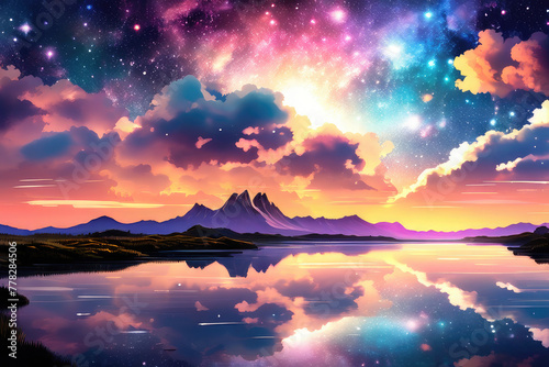 Generative AI, Beautiful stunning landscape with a colorful night sky filled with stars and nebulae, emanating from stars that sparkle like diamonds, a beautiful sunset s, cool anime landscape © Riefdeigartz