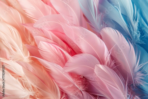 A close up of colorful feathers, with pink, blue