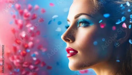  A stunning woman with bright blue eyes and red lips is surrounded by confetti, with a tree behind displaying pink and blue leaves