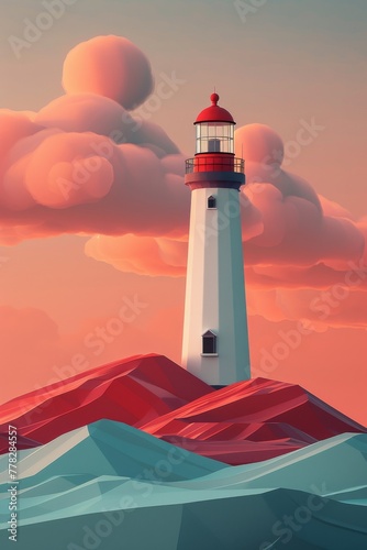 A 3D minimalist lighthouse scene on a simple background