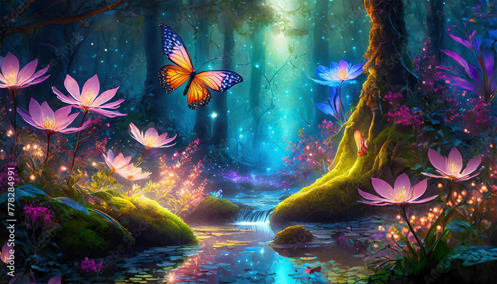 Fantasy forest foliage at night, glowing flowers and beautiful butterflies.