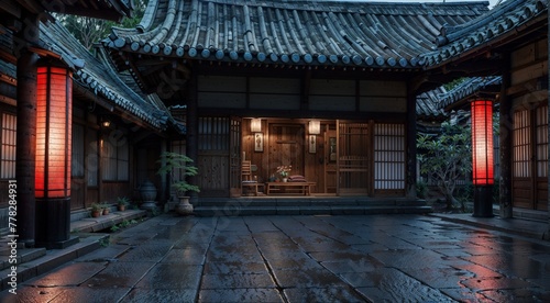 Traditional Japanese architecture in Kyoto  Japan at night with red lanterns.