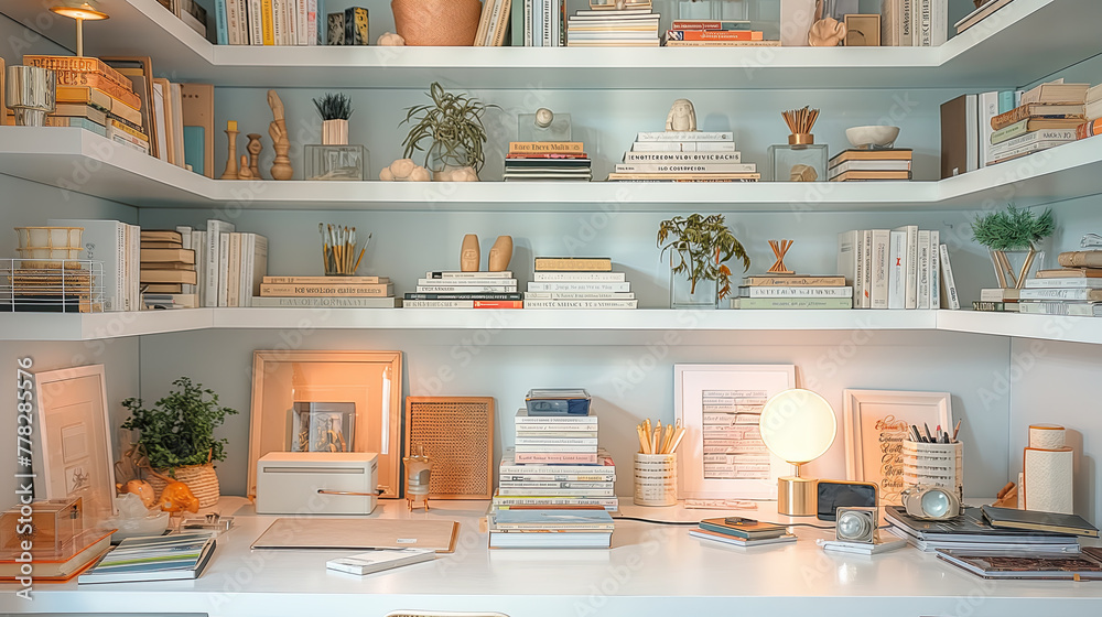 Stylish Home Office with Elegant Bookshelves and Modern Desk Decor