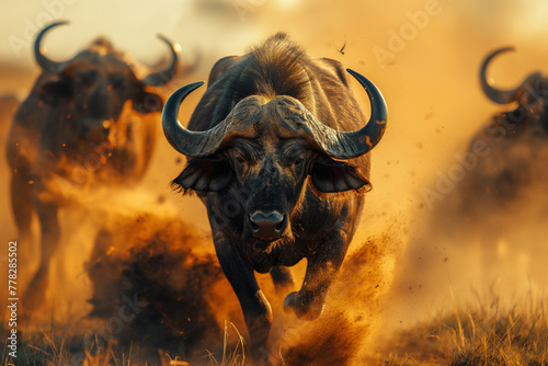 Buffalos on the African continent running towards the camera at a very high speed photo