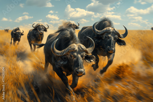 Buffalos on the African continent running towards the camera at a very high speed