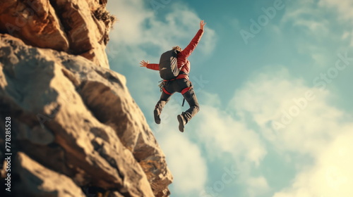 Climber experiences a fall from a steep rock face, with debris scattered in the air
