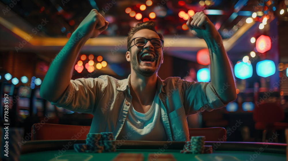 Happy Poker player celebrating inside a poker room - obrazy, fototapety, plakaty 