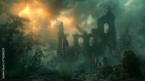 Mystical backdrop evoking the enigma of mortality, where the boundaries between life and death are blurred.