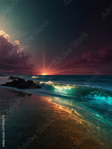 Serene Night Beach Scene with Calm Waves under Starry Sky