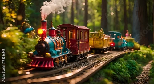Colorful Miniature Trains Plying Through Lush Forest Landscapes photo