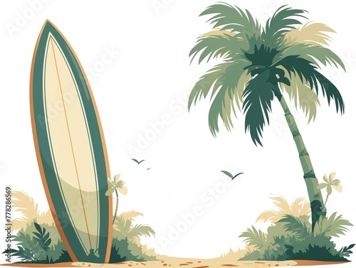 Surfboard clipart leaning against a palm tree