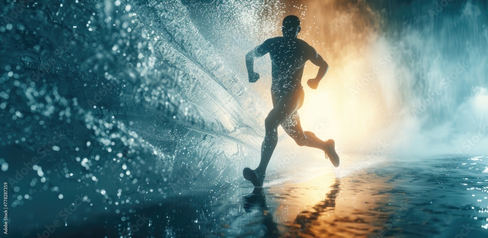 Dynamic Runner Splashing at Dusk, dynamic silhouette of a runner cutting through a splash of water, with a sunset glow illuminating the scene