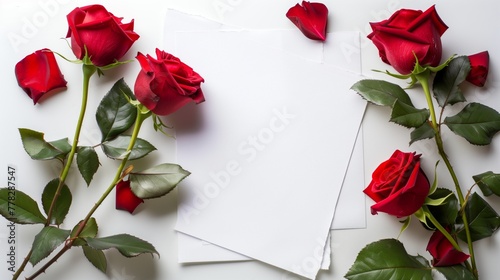 White vertical empty paper with red roses