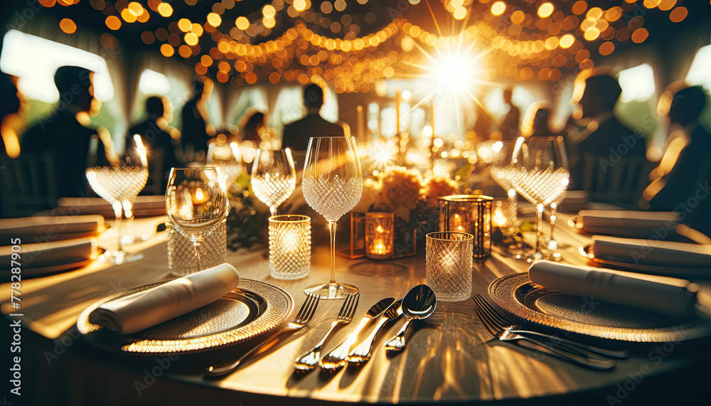 An elegantly set wedding table bathed in a warm, inviting ambiance. The setting sun pours a golden glow into the room, accentuating the glasses filled.png - obrazy, fototapety, plakaty 