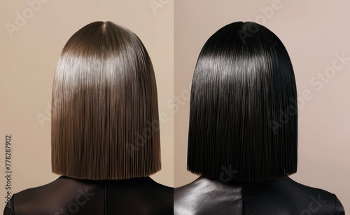 Contrast in Hairstyles: Bob Cut Comparison, side-by-side image showcasing the sleek elegance of two bob haircuts, one in blonde and one in black, against a neutral backdrop