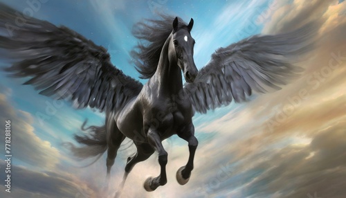 A beautiful black horse with big black wings running in the sky with its wings spread