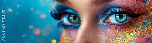 Captivating image of a vibrant young woman adorned with vivid, artistic makeup and body paint. photo