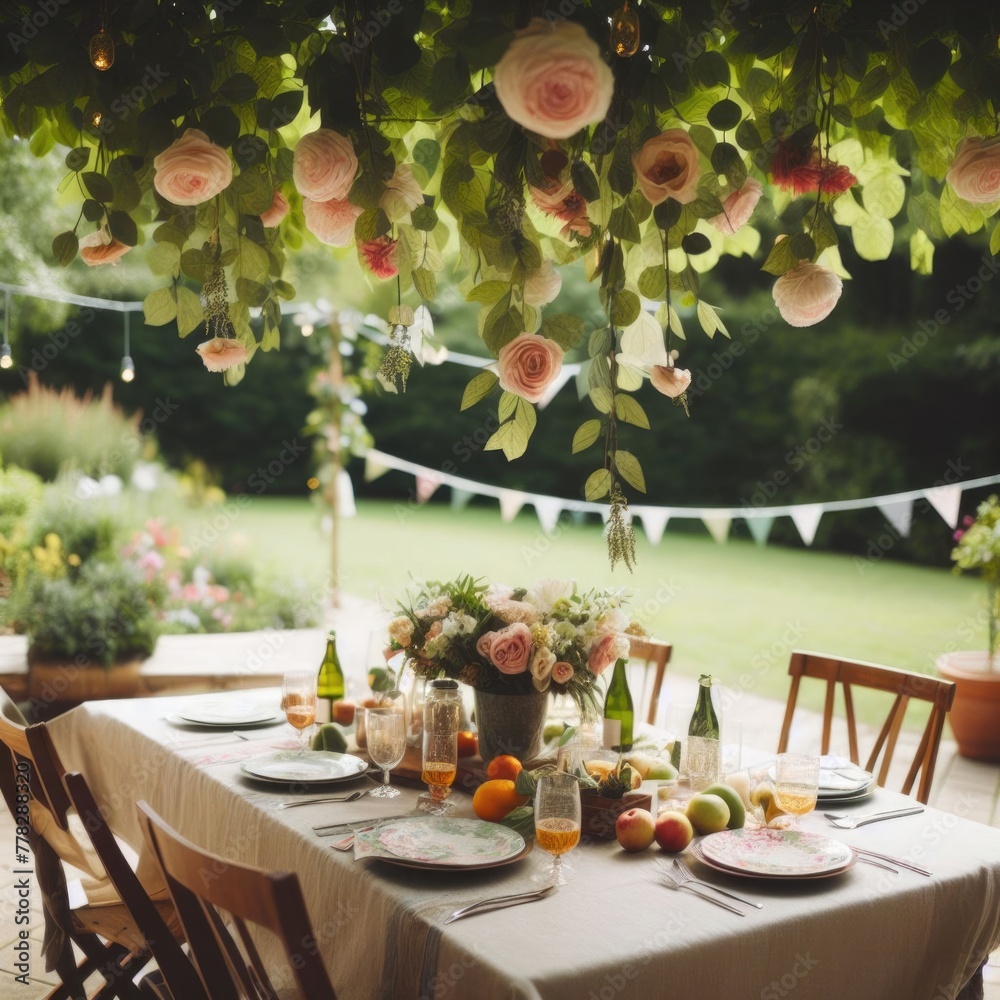Outdoor tables decorated for a garden party