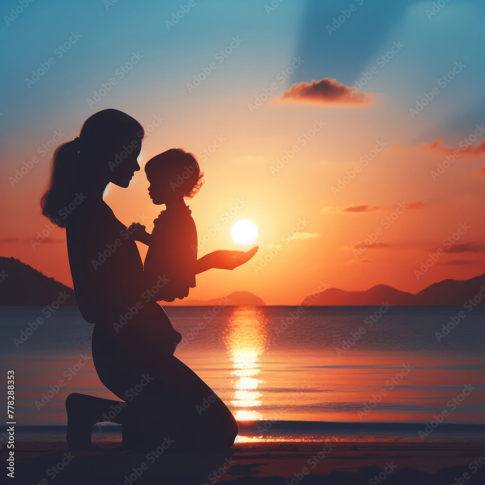 A woman and a child are holding hands and looking at the sun, Mother’s day, Mom and son, isolated on a transparent background