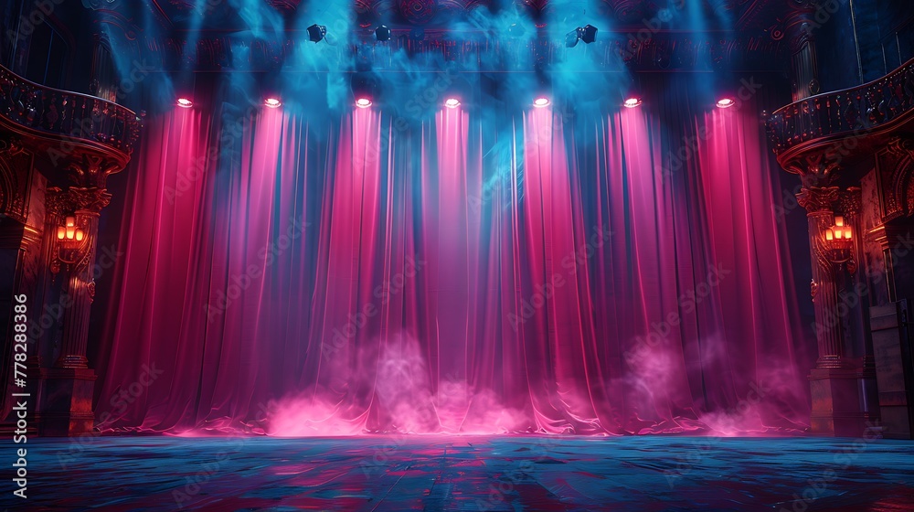 curtains with spotlights on stage. Theater or cinema background design