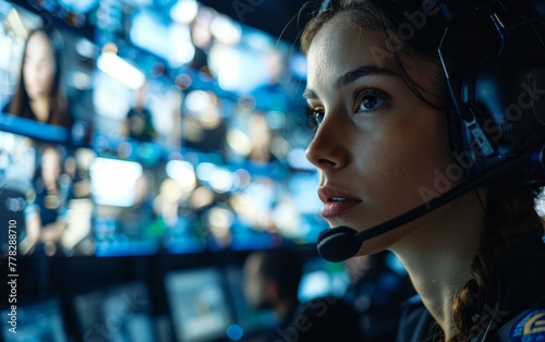 Security control room guards monitor video walls, while emergency operators with headsets answer 911 calls and police officers patrol for illegal immigration activity.