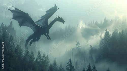 A majestic dragon soars gracefully out of a mist-enshrouded cavern, its wings beating powerfully against the ethereal backdrop of the enchanted forest. photo