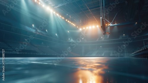 Empty Basketball Court Arena, tranquil basketball court basks in the dramatic spotlight, waiting for the players, depicting anticipation and the calm before the competition photo