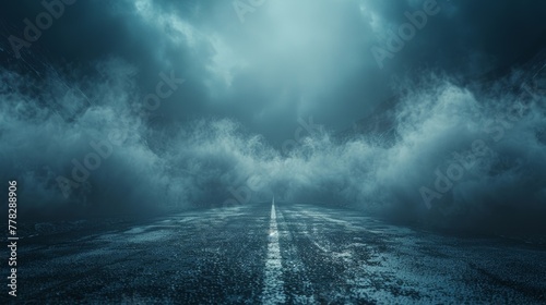 Eerie atmosphere on a deserted road, with a deep blue hue and foggy mountain backdrop, creating a chilling stage for showcasing items. photo