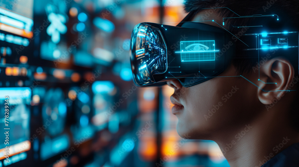 A man with virtual reality glasses future technology A man with virtual reality glasses future technology