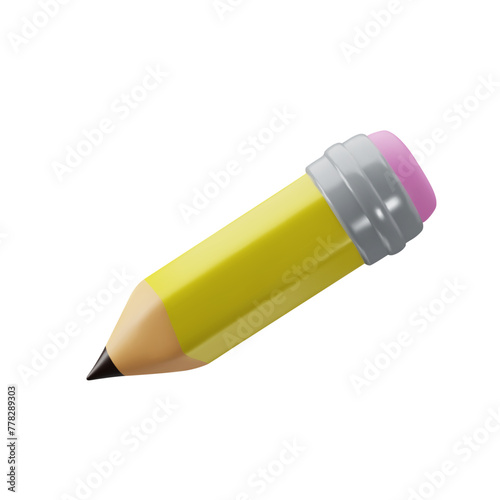 Vector short yellow 3d cartoon pencil with rubber icon. Volumetric wooden object for writing and drawing. Embedded pink eraser for deleting errors. Stationery tool with sharpened lead for creative art