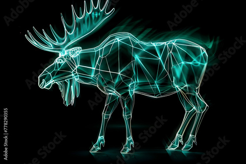 Futuristic neon moose with teal and green glowing accents isotated on black background.