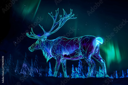 Neon outlines of a caribou under northern lights isotated on black background.