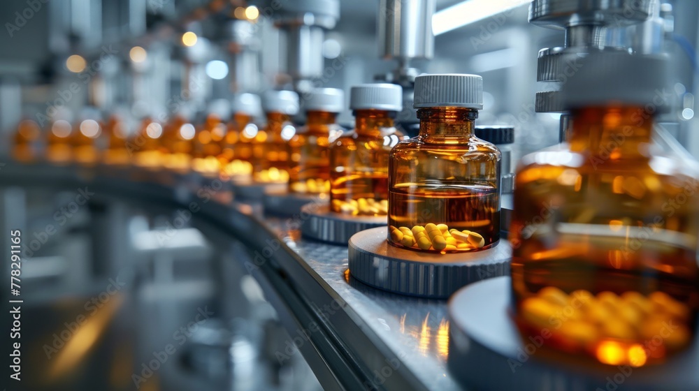 Automated production line with bottles of medicine Automated production line with bottles of medicine