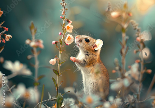 A field mouse climbing on the stem to reach flowers, a photo in which we see it from its side with an open mouth while eating some white flower buds photo