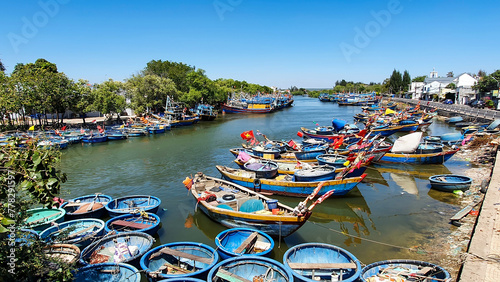 Circle Boats Anchored On River In Phan Thiet City, Vietnam. photo