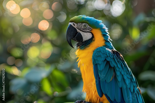 A blue and yellow parrot sitting on top of a tree branch