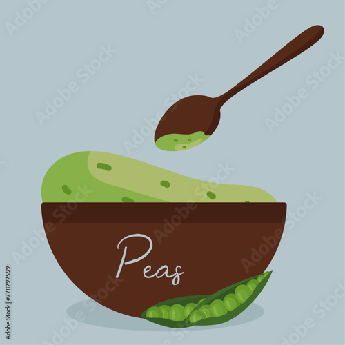 Flat Design Illustration with Puree at Peas and Spoon