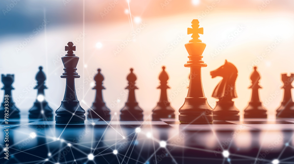 Chess pieces placed on a board with a light background. Abstract images that show the use of intelligence and strategy. Chess pieces placed on a board with a light background. Abstract images that show the use of intelligence and strategy.
