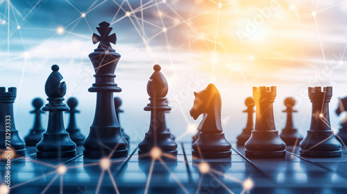 Chess pieces placed on a board with a light background. Abstract images that show the use of intelligence and strategy.