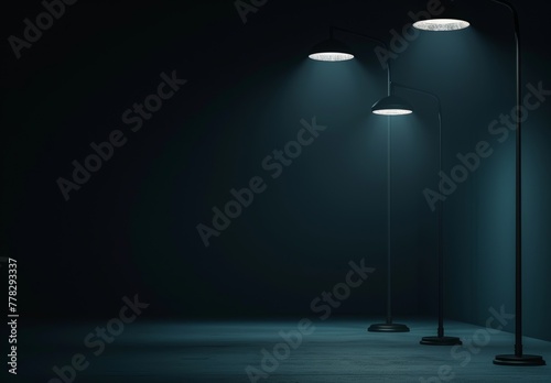 A few long lamps at different angles emit light in a dark environment 