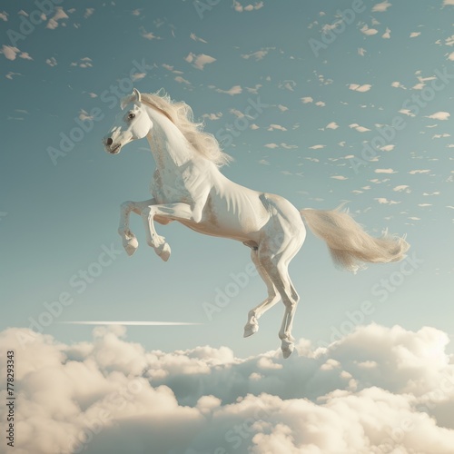Celestial Equine Ascent   majestic white horse soars amidst a surreal skyscape of clouds and scattered feathers  evoking a sense of freedom and fantasy