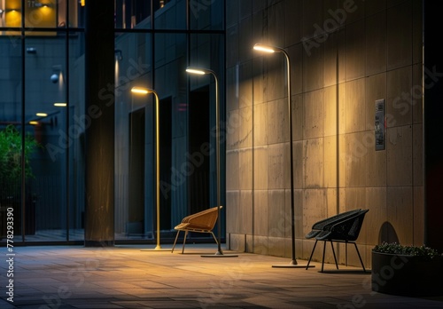 A few long lamps at different angles emit light in a dark environment 