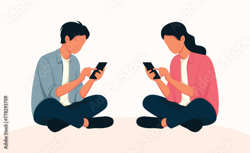 Illustration of two young people using mobile phone sitting on the floor.