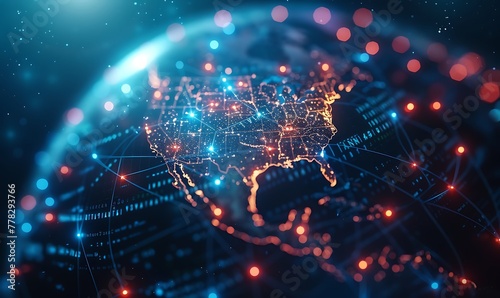 Global Connectivity, Digital Globe Centered on America, Embracing Cyber Technology, Data Transfer, and Telecommunication for Information Exchange
