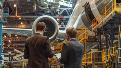 A photo of two men in business attire, one pointing at an airplane under construction inside the hangar while standing next to each other photo