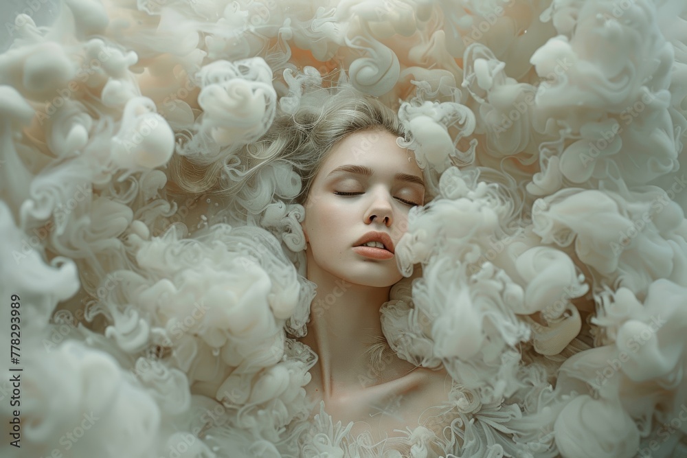 Fototapeta premium Dreamy Woman Submerged in Creamy Swirls