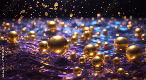 Abstract background with purple liquid and golden spheres
