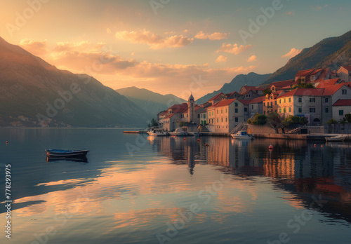The picturesque town of Perast on the coast, with its historic buildings and colorful architecture, is set against the backdrop of majestic mountains during sunset