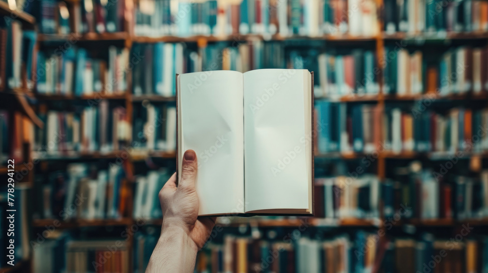 A man's hand holds a book with a blank white cover against the background of a blurred library or bookstore. Mockup, template. Day of Knowledge. World Book and Copyright Day A man's hand holds a book with a blank white cover against the background of a blurred library or bookstore. Mockup, template. Day of Knowledge. World Book and Copyright Day